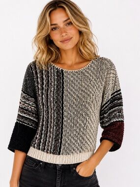 Vintage 70s Bonnie Bill Textured Sweater M Colorblock Chenille Knit Art To Wear